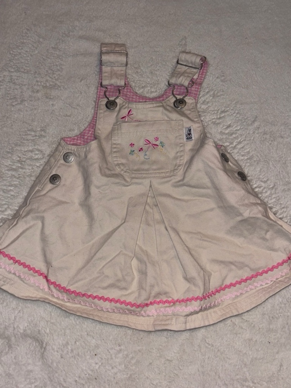 Girls' Cream and Pink Embroidered Overall Dress